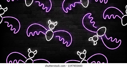 Vector realistic isolated neon sign of Bat seamless pattern for decoration and covering on the wall background. Concept of Happy Halloween.