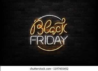 Vektorrealistisches, isoliertes Neonzeichen des Black Friday Logos für die Dekoration und Abdeckung auf dem Wandhintergrund. Konzept des Verkaufs und Rabatts.