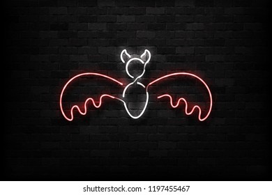 Vector realistic isolated neon sign of Bat logo for decoration and covering on the wall background. Concept of Happy Halloween.