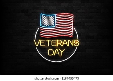 Vector realistic isolated neon sign for 11th November, Veterans Day logo for decoration and covering on the wall background. Concept of Memorial day in USA.