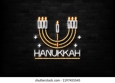 Vector realistic isolated neon sign of Hanukkah logo for decoration and covering on the wall background.