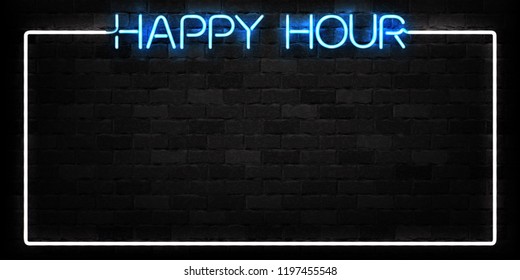 Vector realistic isolated neon sign of Happy Hour frame logo for decoration and covering on the wall background. Concept of night club, free drinks, bar counter and restaurant.