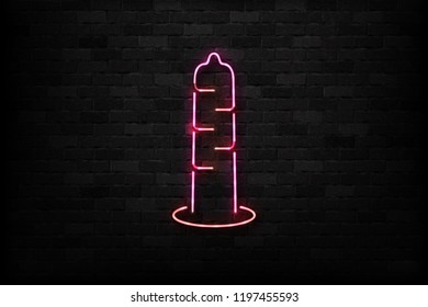 Vector realistic isolated neon sign of Condom logo for decoration and covering on the wall background. Concept of contraceptive method and sexual protection.