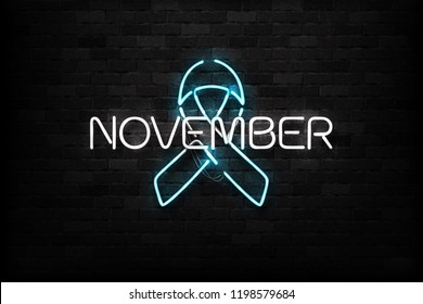 Signo de neón aislado y vectorial del logotipo Blue Ribbon para la decoración y el recubrimiento en el fondo de la pared. Concepto de noviembre, mes de concientización sobre el cáncer de próstata.
