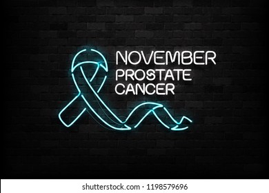 Vector realistic isolated neon sign of Blue Ribbon logo for decoration and covering on the wall background. Concept of November, Prostate cancer awareness month.