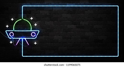 Vector realistic isolated neon sign of UFO frame logo for decoration and covering on the wall background. Concept of space and galaxy.