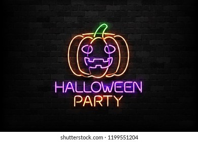 Vector realistic isolated neon sign of Pumpkin logo for decoration and covering on the wall background. Concept of Happy Halloween.