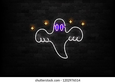 Vector realistic isolated neon sign of Ghost logo for decoration and covering on the wall background. Concept of Happy Halloween.