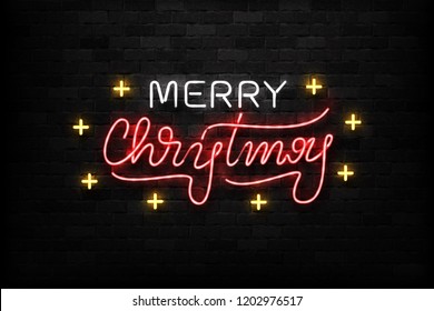Vector realistic isolated neon sign of Merry Christmas logo for decoration and covering on the wall background. Concept of Happy New Year.