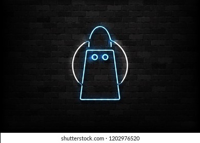 Vector realistic isolated neon sign of supermarket bag logo for decoration and covering on the wall background. Concept of Black friday, sale and online shopping.