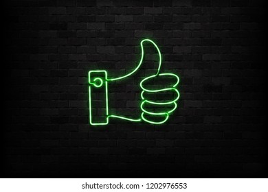 Vector realistic isolated neon sign of Thumb up logo for decoration and covering on the wall background. Concept of rating, network and social media.