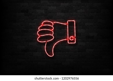 Vector realistic isolated neon sign of Thumb down logo for decoration and covering on the wall background. Concept of rating, network and social media.