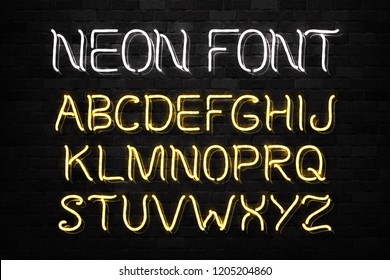 Vector realistic isolated neon sign of alphabet font letters for decoration and covering on the wall background.