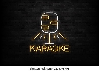 Vector realistic isolated neon sign of Karaoke logo for decoration and covering on the wall background. Concept of night club and live music.