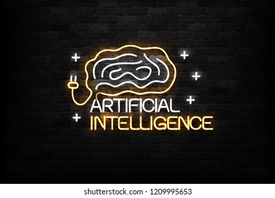 Vector realistic isolated neon sign of Artificial Intelligence logo for decoration and covering on the wall background. Concept of AI.
