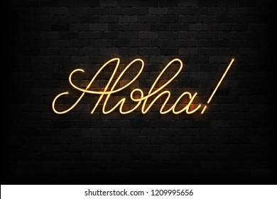 Signo de neón aislado y vectorial de la tipografía del logo Aloha para la decoración y el recubrimiento en el fondo de la pared. Concepto de saludo y cultura hawaiana.