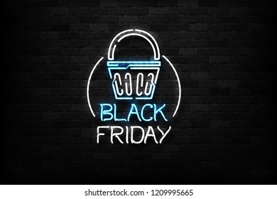 Vector realistic isolated neon sign of Black Friday logo for decoration and covering on the wall background. Concept of sale and discount.