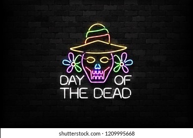 Vector realistic isolated neon sign of Dia de Muertos skull logo for decoration and covering on the wall background. Concept of Happy Day of the Dead in Mexico.