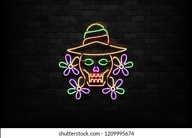 Vector realistic isolated neon sign of Dia de Muertos skull logo for decoration and covering on the wall background. Concept of Happy Day of the Dead in Mexico.