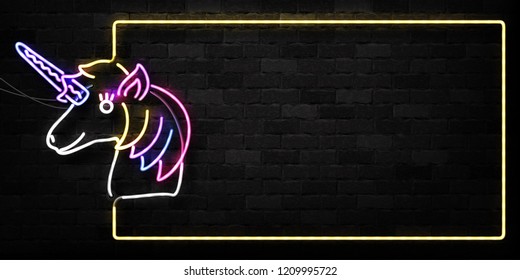 Vector realistic isolated neon sign of Unicorn frame logo for decoration and covering on the wall background.