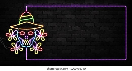 Vector realistic isolated neon sign of Dia de Muertos skull frame logo for decoration and covering on the wall background. Concept of Happy Day of the Dead in Mexico.