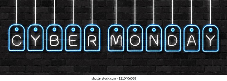 Vector realistic isolated neon sign of Cyber Monday logo for decoration and covering on the wall background. Concept of electronics market, sale and discount.