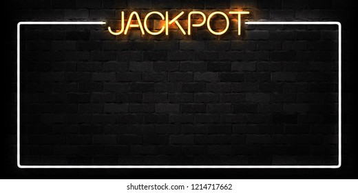 Signo de neón aislado vectorial realistas del logotipo del marco de Jackpot para la decoración y el recubrimiento en el fondo de la pared. Concepto de máquina tragaperras y casino.