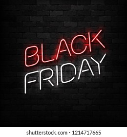 Signo de neón aislado y vectorial del logo de Black Friday para la decoración y el recubrimiento en el fondo de la pared. Concepto de venta y descuento.