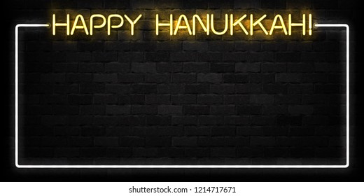 Vector realistic isolated neon sign of Happy Hanukkah frame logo for decoration and covering on the wall background.