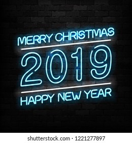Vector realistic isolated neon sign of 2019 Merry Christmas logo for decoration and covering on the wall background. Concept of Happy New Year.