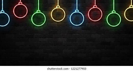 Vector realistic isolated neon sign of Christmas balls logo for decoration and covering on the wall background. Concept of Happy New Year and Merry Christmas.