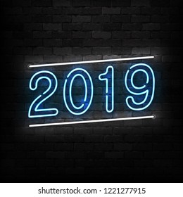 Vector realistic isolated neon sign of 2019 Merry Christmas logo for decoration and covering on the wall background. Concept of Happy New Year.