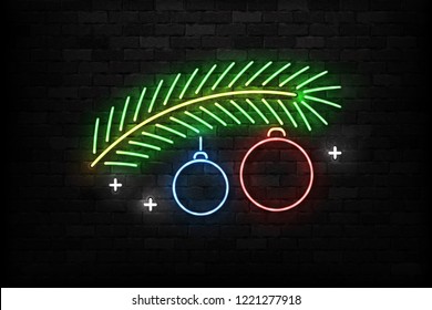 Vector realistic isolated neon sign of Fir Tree with Christmas balls logo for decoration and covering on the wall background. Concept of Happy New Year.
