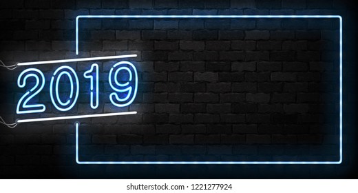 Vector realistic isolated neon sign of 2019 Merry Christmas logo for decoration and covering on the wall background. Concept of Happy New Year.