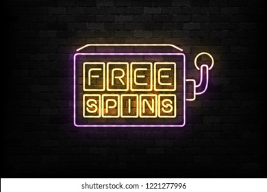 Vector realistic isolated neon sign of Free Spins logo for decoration and covering on the wall background. Concept of bonus and casino.