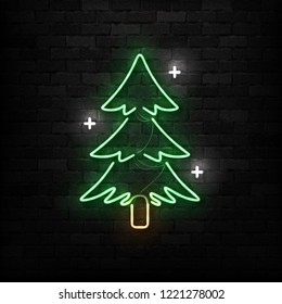 Vector realistic isolated neon sign of Christmas Tree logo for decoration and covering on the wall background. Concept of Merry Christmas and Happy New Year.