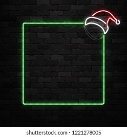 Vector realistic isolated neon sign of Christmas Frame logo with Santa Claus hat for decoration and covering on the wall background. Concept of Merry Christmas and Happy New Year.