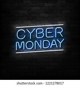 Señal de neón aislado y realista del logotipo de Cyber Monday para la decoración y el recubrimiento en el fondo de la pared. Concepto de mercado, venta y descuento de productos electrónicos.