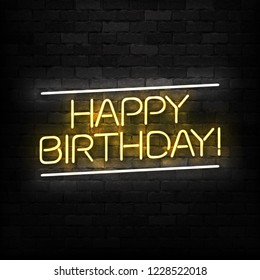 Vector realistic isolated neon sign of Happy Birthday logo for decoration and covering on the wall background. Concept of invitation and celebration.