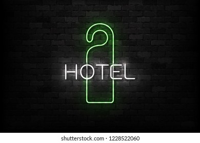 Vector realistic isolated neon sign of Hotel logo for decoration and covering on the wall background. Concept of door hanger and privacy.