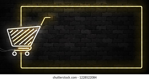 Vector realistic isolated neon sign of Supermarket Shopping Cart frame logo for decoration and covering on the wall background. Concept of Black friday, sale and online shopping.