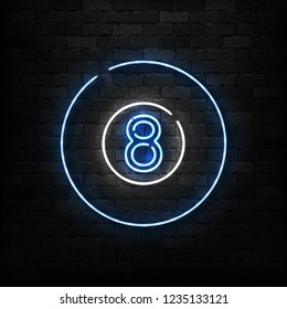 Sinal de néon isolado realista do vetor de Billiards logotipo para decoração e cobertura no fundo da parede. Conceito de esporte de jogo e clube de bilhar.