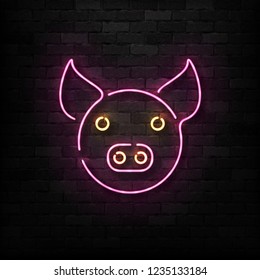 Vector realistic isolated neon sign of Pig logo for template decoration and layout covering on the wall background. Concept of Happy New Year and Merry Christmas.