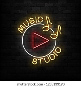 Vector realistic isolated neon sign of Music Studio logo for template decoration and covering on the wall background.