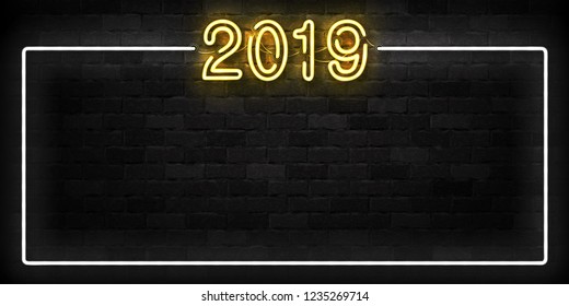 Vector realistic isolated neon sign of 2019 frame logo for decoration and covering on the wall background. Concept of Happy New Year and Merry Christmas.