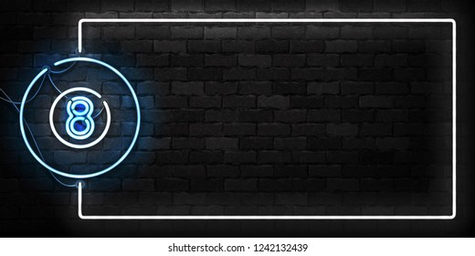 Vector realistic isolated neon sign of Billiards frame logo for decoration and covering on the wall background. Concept of game sport and billiards club.
