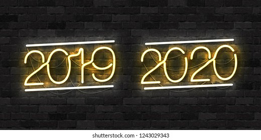 Vector realistic isolated neon sign of 2019 and 2020 year logo for decoration and covering on the wall background. Concept of Happy New Year and Merry Christmas.