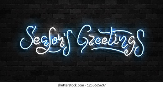 Vector realistic isolated neon sign of Season's Greetings logo for template decoration and covering on the wall background. Concept of Happy New Year and Merry Christmas.