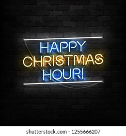 Vector realistic isolated neon sign of Happy Hour Christmas logo for decoration and covering on the wall background. Concept of Happy New Year in bars and pubs.
