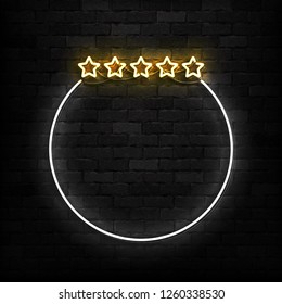 Vector realistic isolated neon sign of Five Stars frame logo for decoration and covering on the wall background. Concept of luxury, premium and VIP.